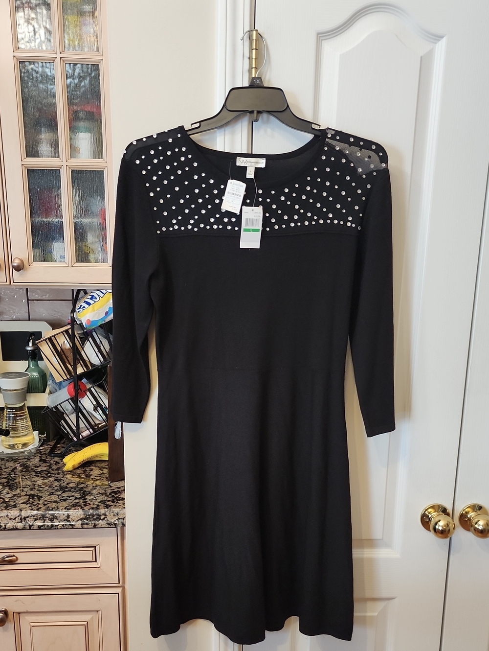 NWT Neiman Marcus Elegant Black Studded Long-Sleeve Sweater Dress [EB5]